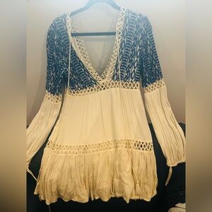 Free People Blue and Cream Boho Top